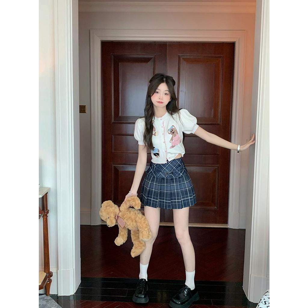 Bộ Áo Dệt Kim Ngắn Tay + Chân Váy Sọc Ca Rô Xếp Ly Đáng Yêu Thời Trang Cho Nữ 63724