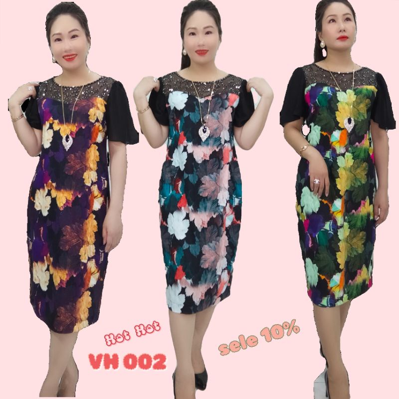 Mã VH002 Váy Đầm trung niên hoạ tiết 3in 3D, Cổ phối lưới kết Đá kim sa ,sang chảnh ,vải Umi co giãn mềm mịn mát