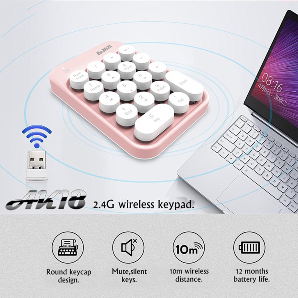 Bàn phím số USB không dây nhỏ gọn Ajazz AK18 dễ thương kết nối laptop dùng cho thu ngân nhân viên ngân hàng | WebRaoVat - webraovat.net.vn
