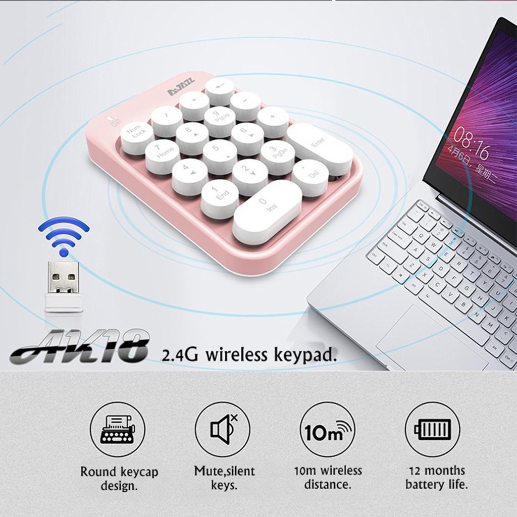 Bàn phím số USB không dây nhỏ gọn Ajazz AK18 dễ thương kết nối laptop dùng cho thu ngân nhân viên ngân hàng | BigBuy360 - bigbuy360.vn