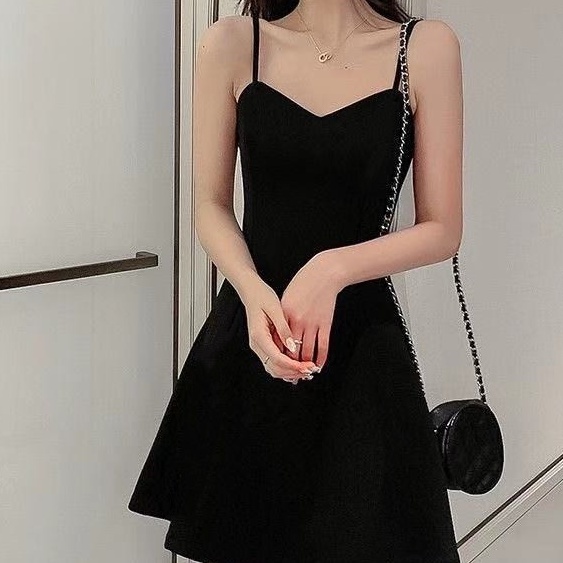 Đầm Ngắn Hai Dây Dáng Chữ a Màu Đen Thời Trang Mùa Hè Phong Cách Mới Cho Nữ