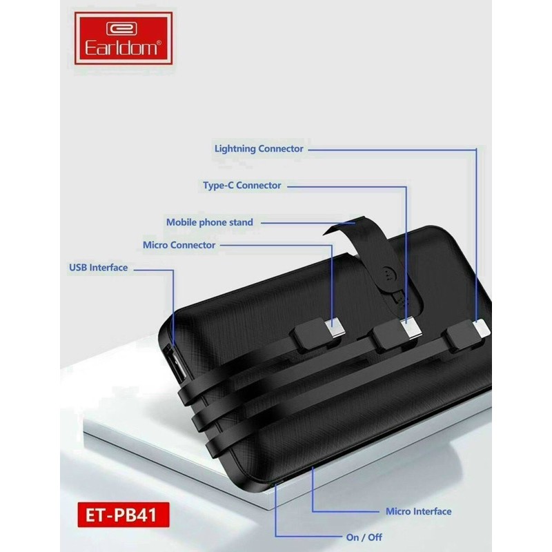 Sạc dự phòng 10000 mAh PB41, pin tích điện dung lượng cao kèm dây sạc, sạc đa năng di động KLH