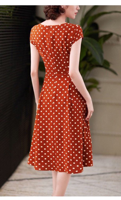 Đầm xoè công sở lụa chấm bi cổ V TRIPBLE T DRESS -size M/L/XL (kèm ảnh/video thật) MS3MT
