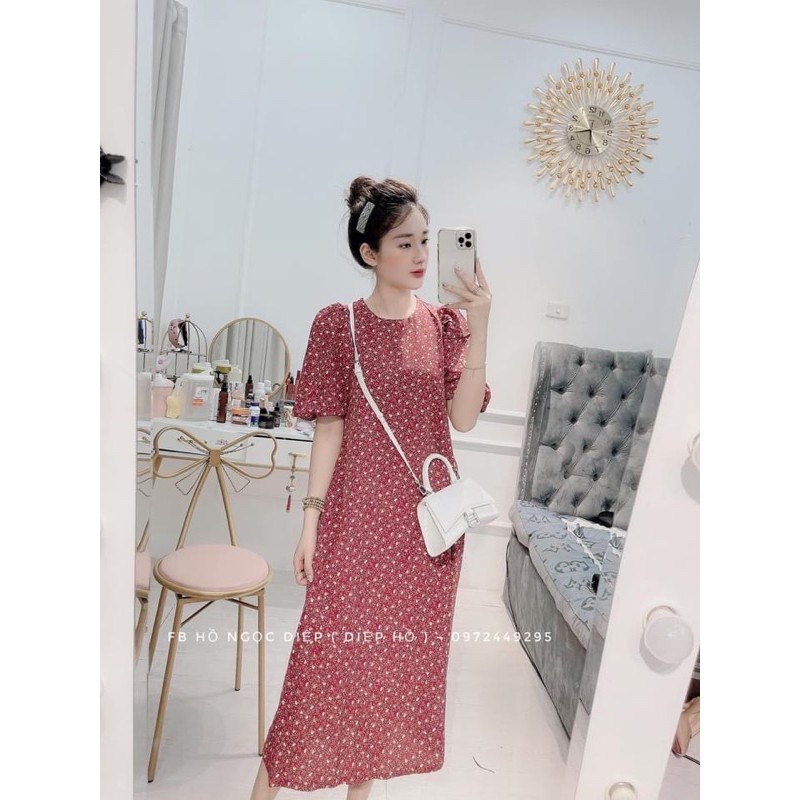 [Mã FATHANG5 giảm 10K đơn 50K] Đầm suông hoa nhí đỏ đô tay bồng🌸Váy maxi hoa đỏ dáng dài🌸{free ship}