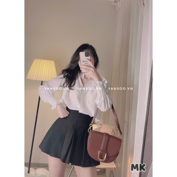Áo somi trắng cổ bèo tay bo chun full size SML hàng đẹp chất tơ tằm xuất mát dịu by YANSOO