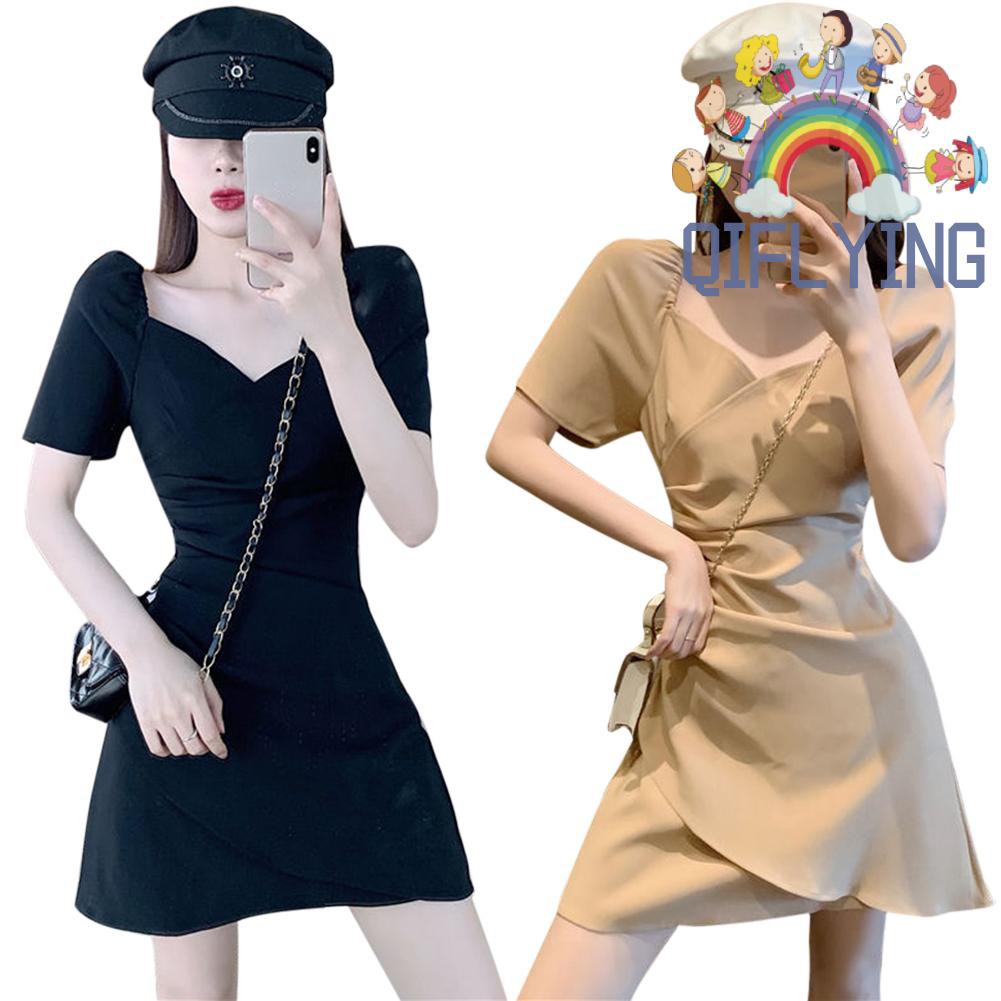 Đầm Nữ Tay Ngắn Màu Trơn Kiểu Dáng Thanh Lịch