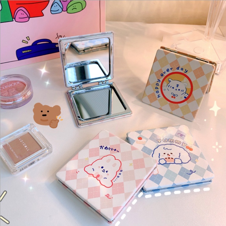 Gương trang điểm mini siêu cute cầm tay bỏ túi Hàn Quốc tiện lợi da PU viền kim loại Yasan