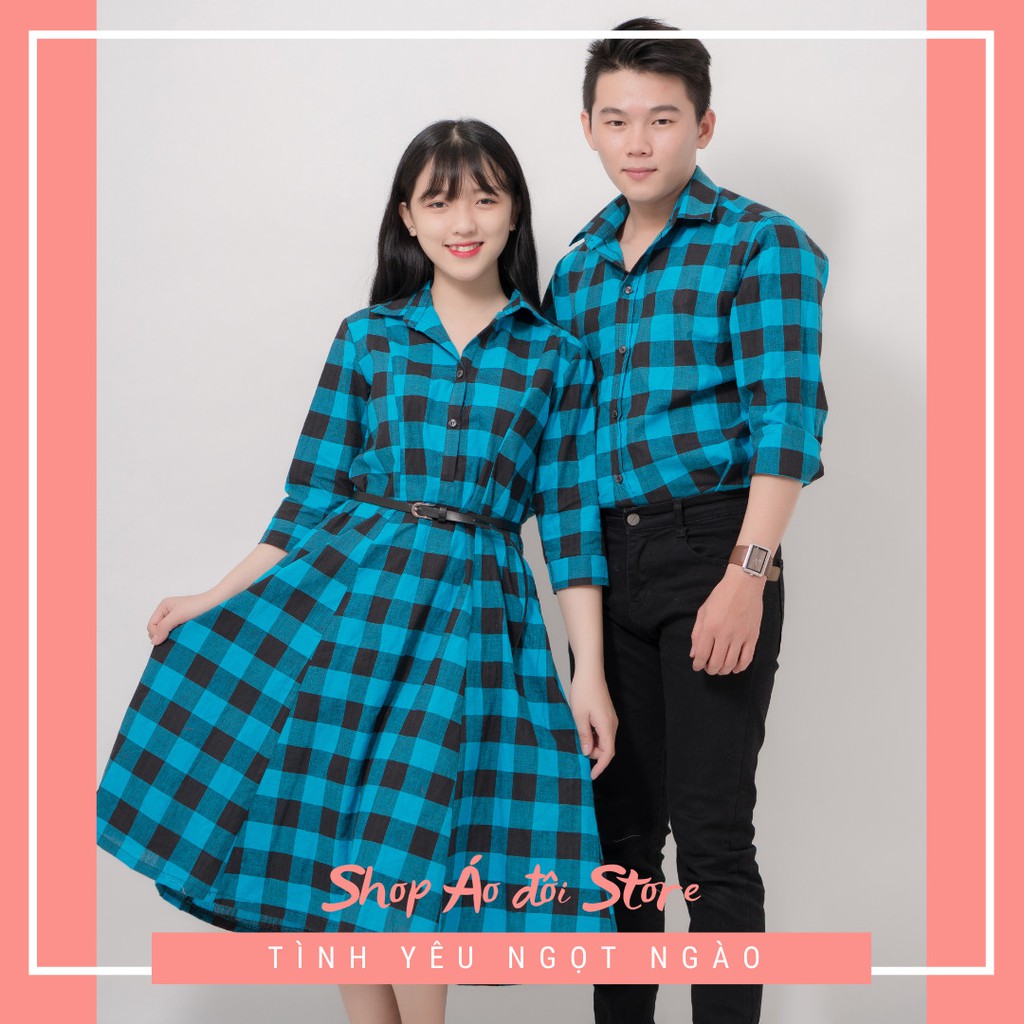 Bộ áo váy sơ mi cặp cao cấp, đồ đôi nam nữ dễ thương, chất đẹp để chụp hình cưới, đi du lịch