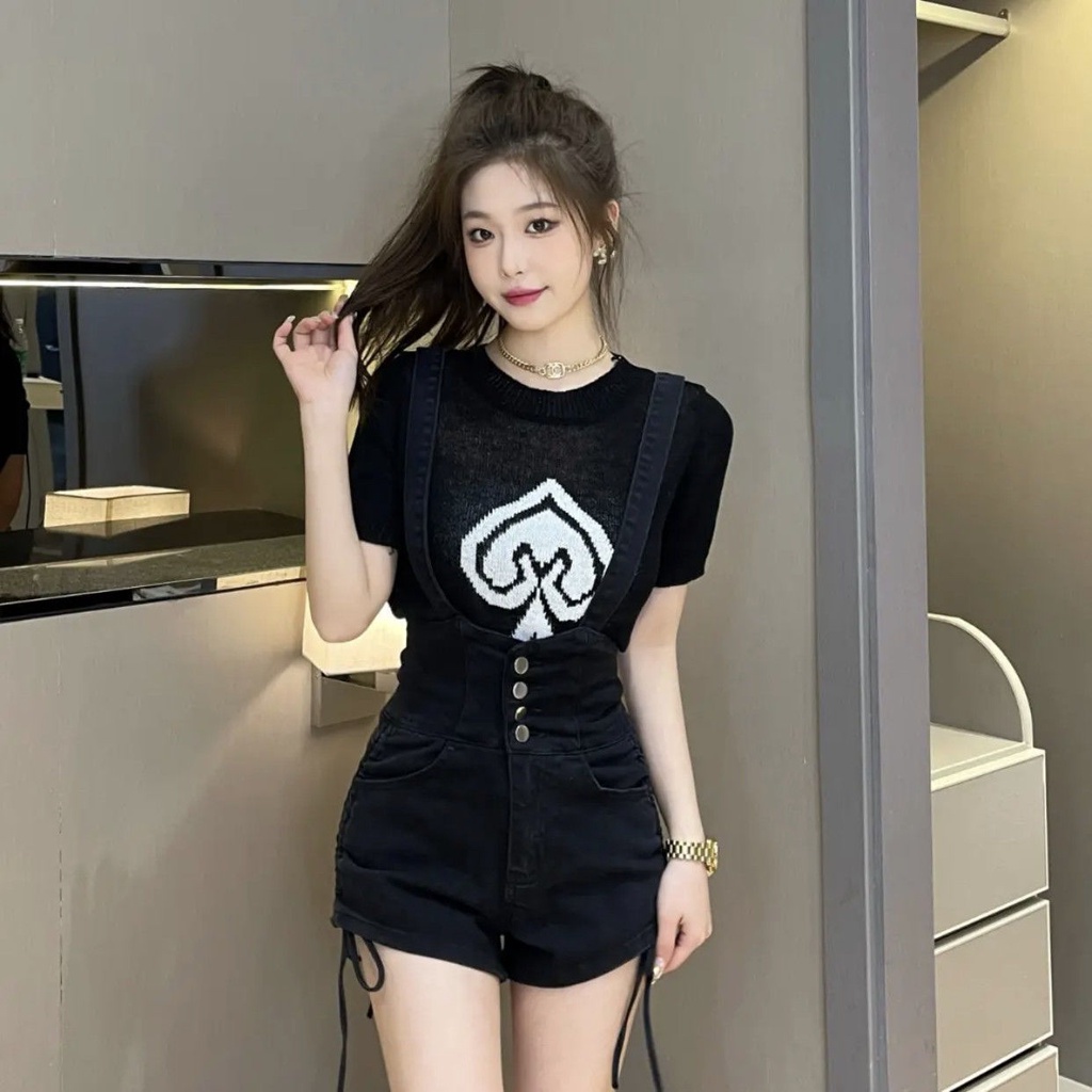 Jiashucheng Quần Yếm Denim Ngắn Hai Dây Lưng Cao Dây Rút Bên Ngực Có Thể Tháo Rời Phong Cách Mùa Hè Cho Nữ