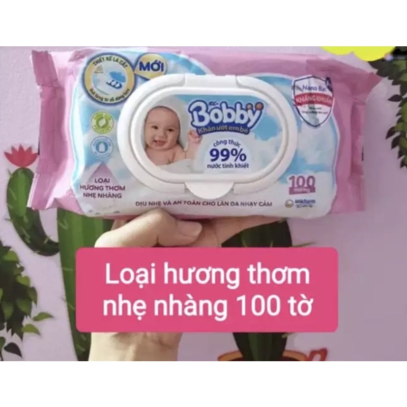 Khăn ướt Bobby 100 tờ Hồng hoặc Xanh kháng khuẩn