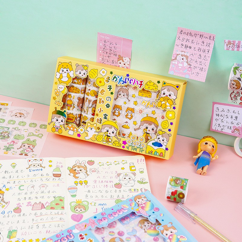 Hộp 10 Washi Tape 10 Sticker Cô Bé Cute Dễ Thương Băng Keo Dính Hình Dán Stickers Trang Trí Sổ Tay Xinh