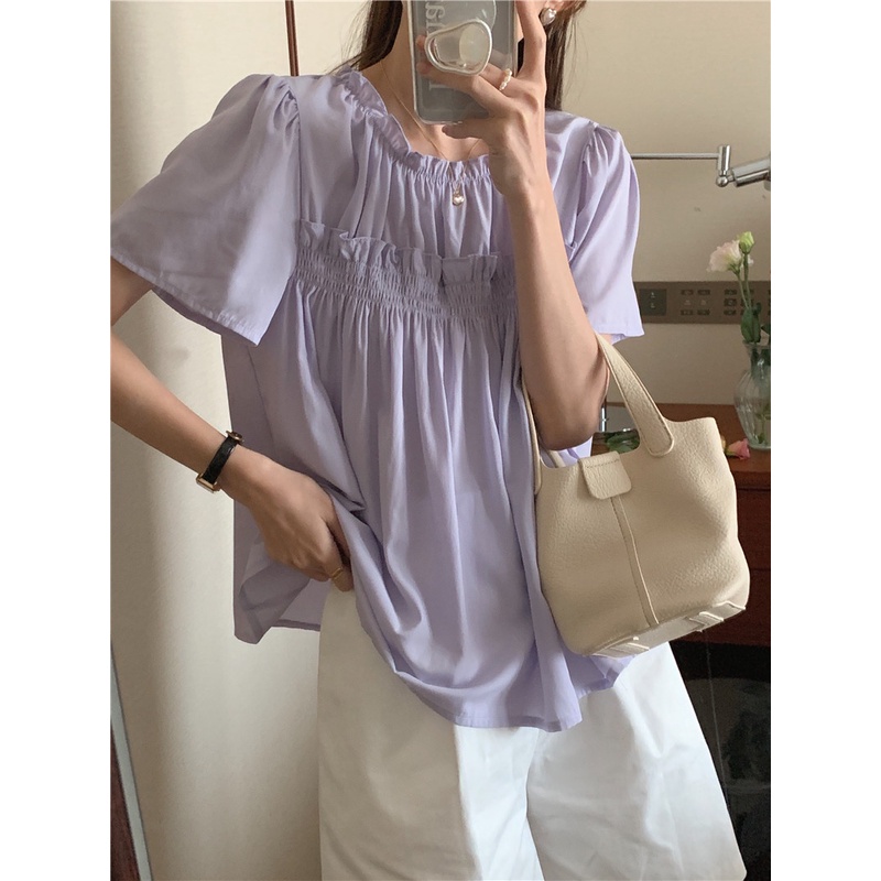 Áo kiểu Peppermint 53699 cổ tròn ngắn tay phối ren màu kẹo ngọt thời trang hè