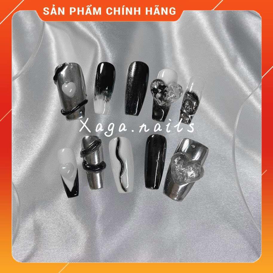 Móng tay giả, Nail box đẹp thiết kế đen vẽ gel nổi trang gương đính charm tim