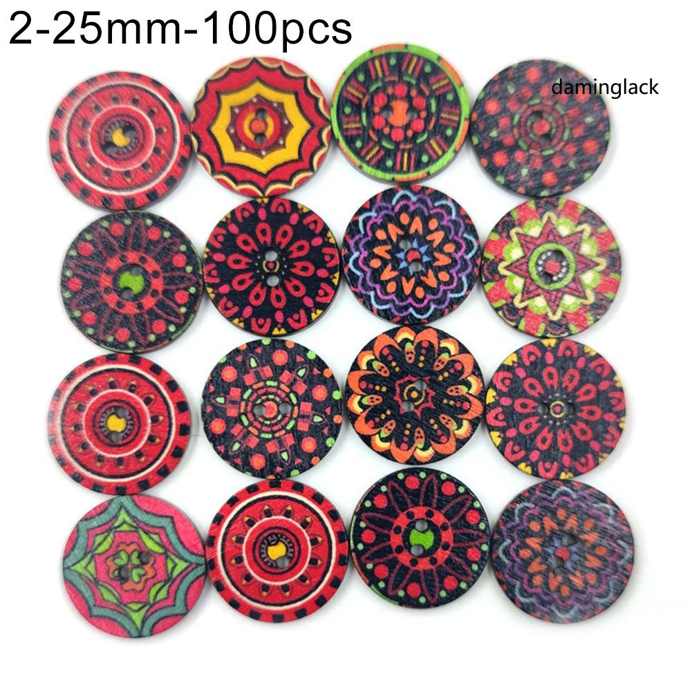 DAMH_100Pcs Bohemian Style Retro Pattern Round Shape Wooden Buttons Clothing Decor