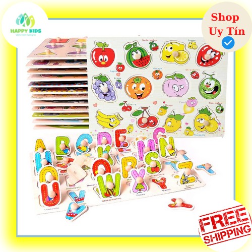 HappyKids - Bảng Ghép Hình, Số, Chữ Núm Gỗ Montessori Theo Chủ Đề Phát Triển Tư Duy Cho Bé (NEW)