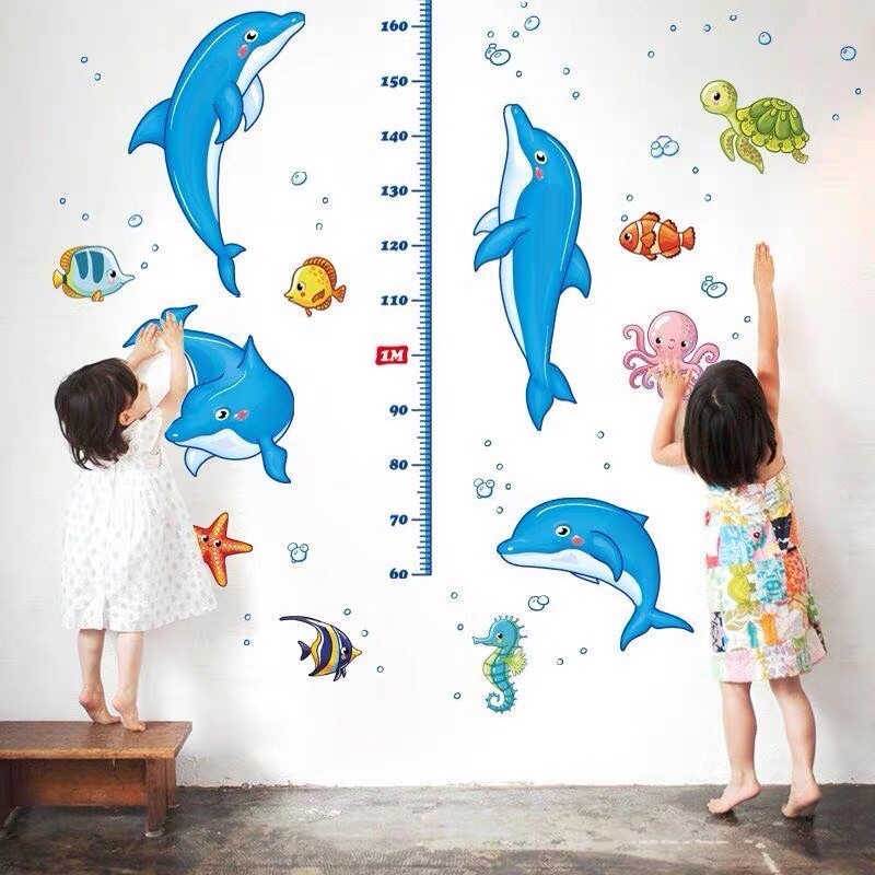 Tranh dán tường, Decal dán tường cho bé thước đo chiều cao cá heo