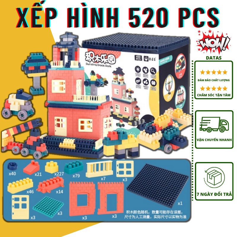 Đồ chơi khối xếp hình xây dựng công viên - Bộ đồ chơi xếp hình thông minh sáng tạo 520 chi tiết có hộp đựng DATAS