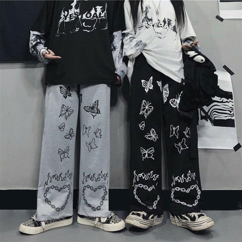 Xiangbao Quần Dây Rút Lưng Cao Dáng Suông In Họa Tiết Bướm / Ngọn Lửa / Trái Tim