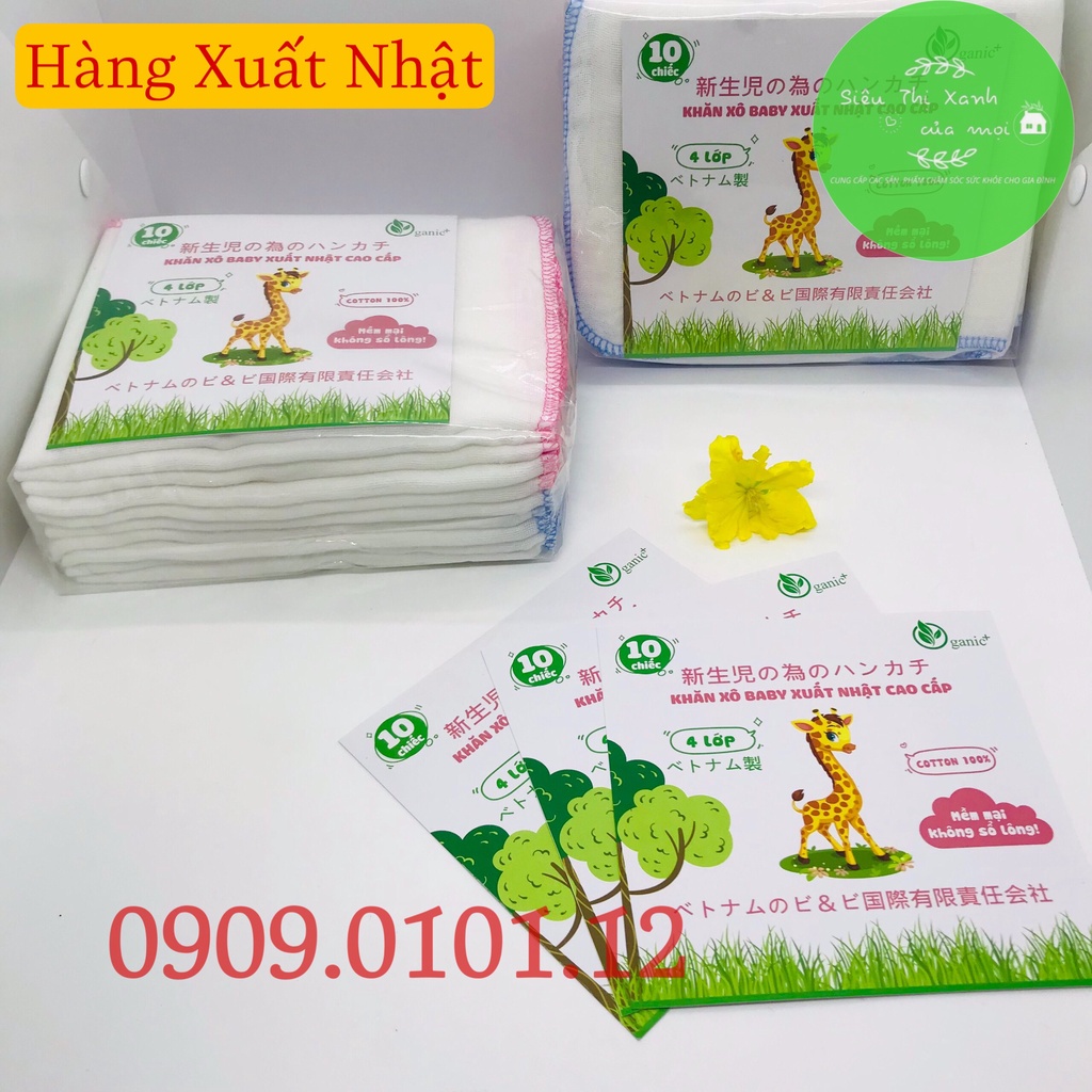 Khăn sữa baby xuất nhật, khăn xô đa năng cao cấp 100% cotton tự nhiên dày 4 lớp mềm mịn không xù lông set 10 cái