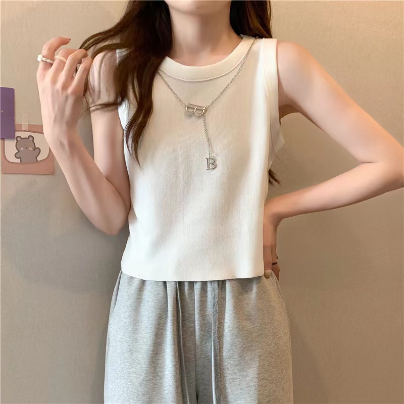 [Hana And Alice] Áo Dệt Kim Sát Nách Hở Rốn Lưng Cao Phối Dây Xích Gợi Cảm