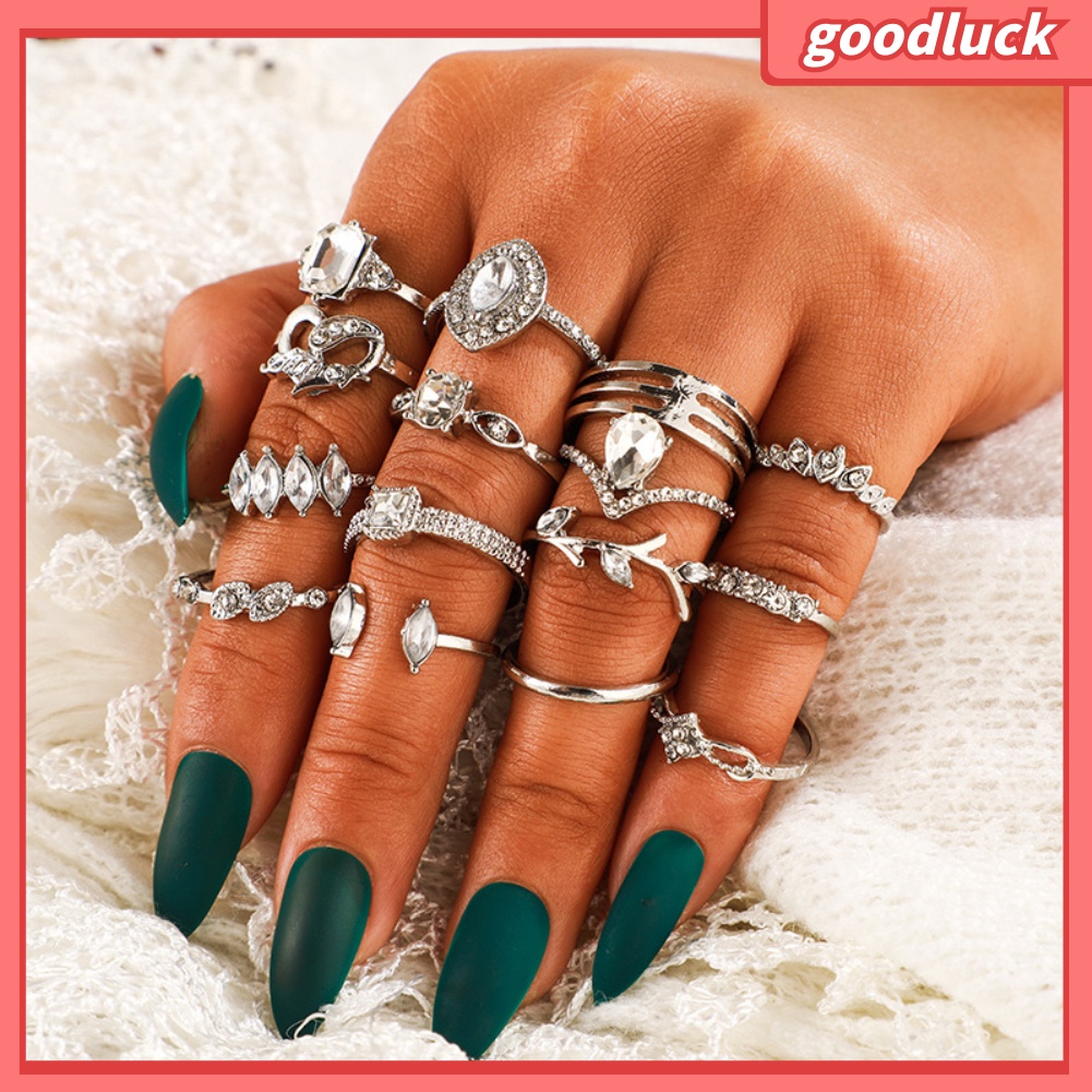 Bộ 15 nhẫn đính đá giả nhiều mẫu mã phong cách boho thời trang cho nữ