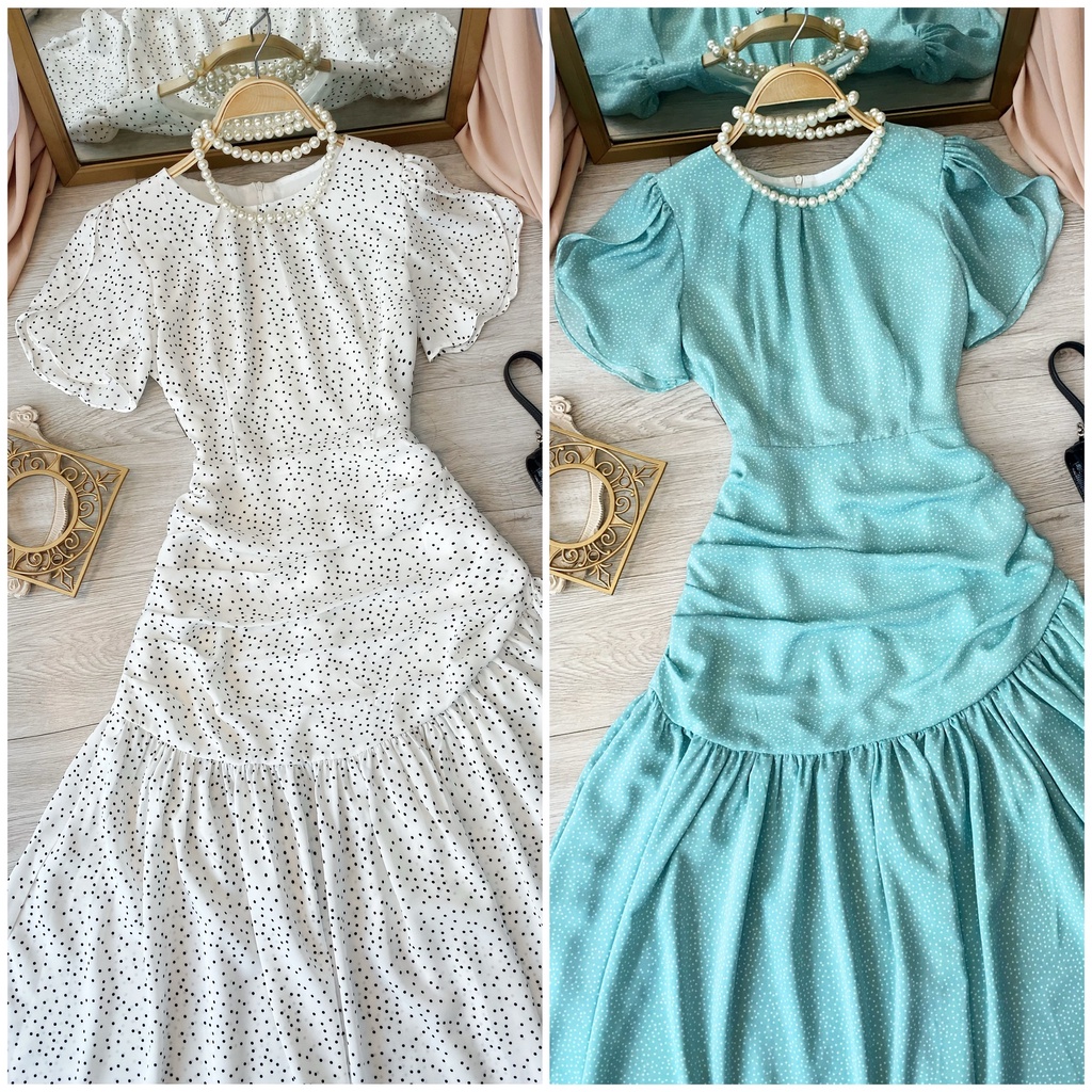 Đầm Maxi Cổ Tròn Kính Siêu Đẹp Chuẩn Gu Quý Cô Sang trọng, Váy xòe, tay ngắn, che bụng, xếp eo, chấm bi, đi làm, du lịch | BigBuy360 - bigbuy360.vn