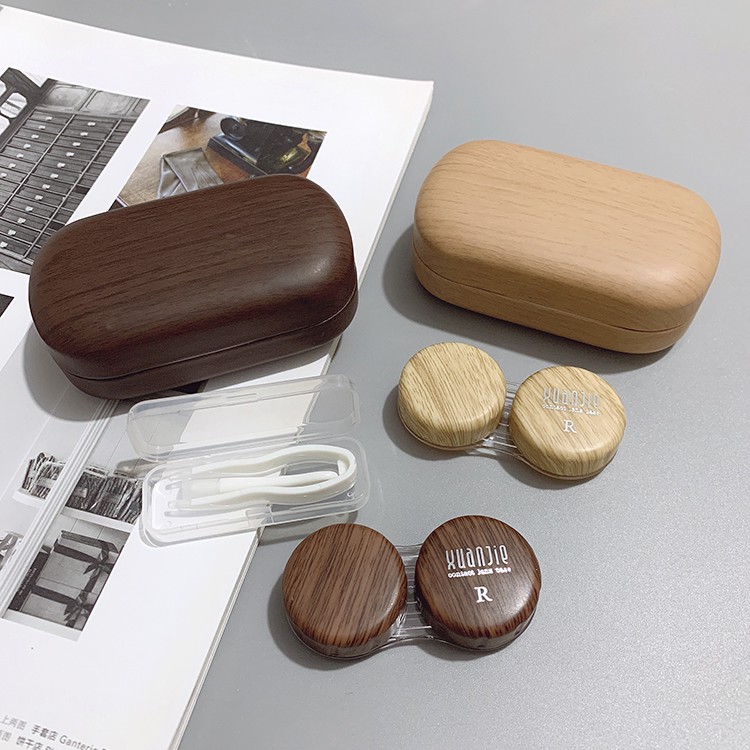 Hộp đựng kính áp tròng bằng da họa tiết vân gỗ phong cách Nhật Bản cổ điển