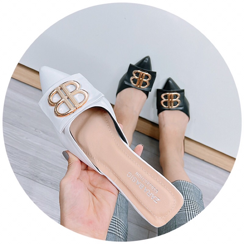 Dép sục cao gót mũi nhọn da lì tag BB gót vuông 4cm