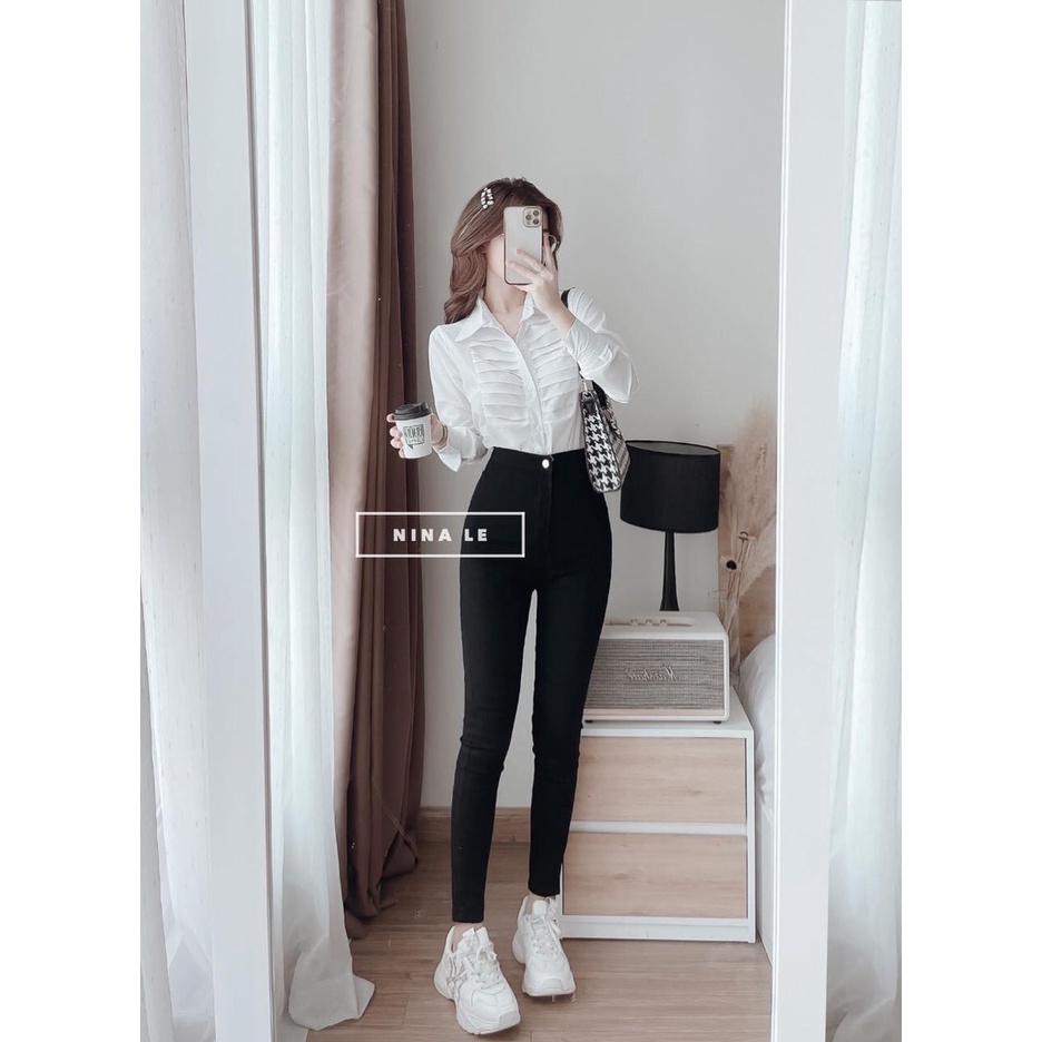 Áo sơ mi chữ C xanh nữ đẹp kiểu form rộng tay dài hình thêu. ZADOLA FASHION