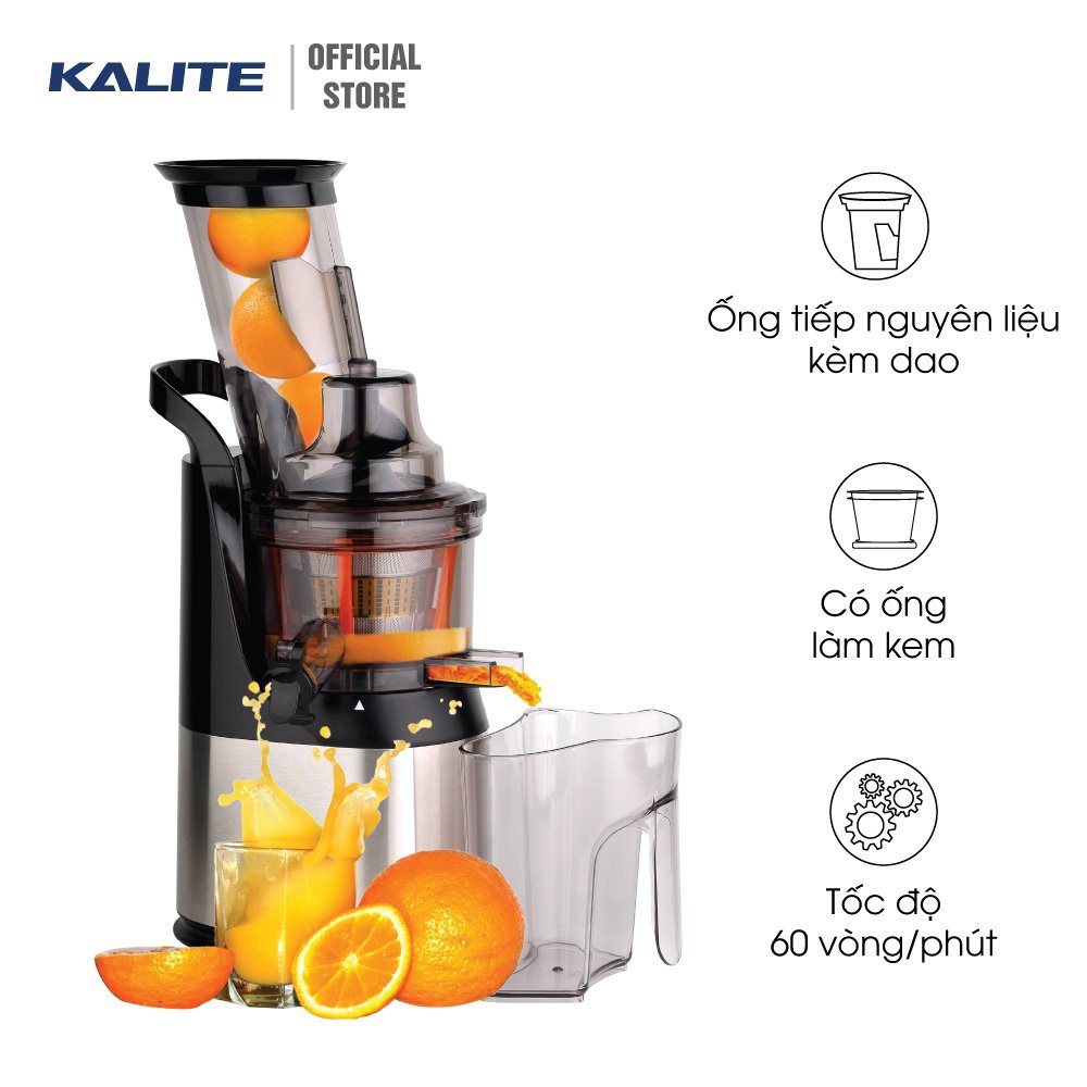 Máy ép chậm Kalite KL 565, công suất 240W, ống tiếp nguyên liệu size lớn, có dao cắt nhỏ hoa quả, có ống làm kem