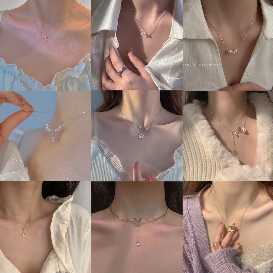 Vòng cổ Mặt Hình Bướm Đính Ngọc Trai Đơn Giản Thanh Lịch Cho Nữ