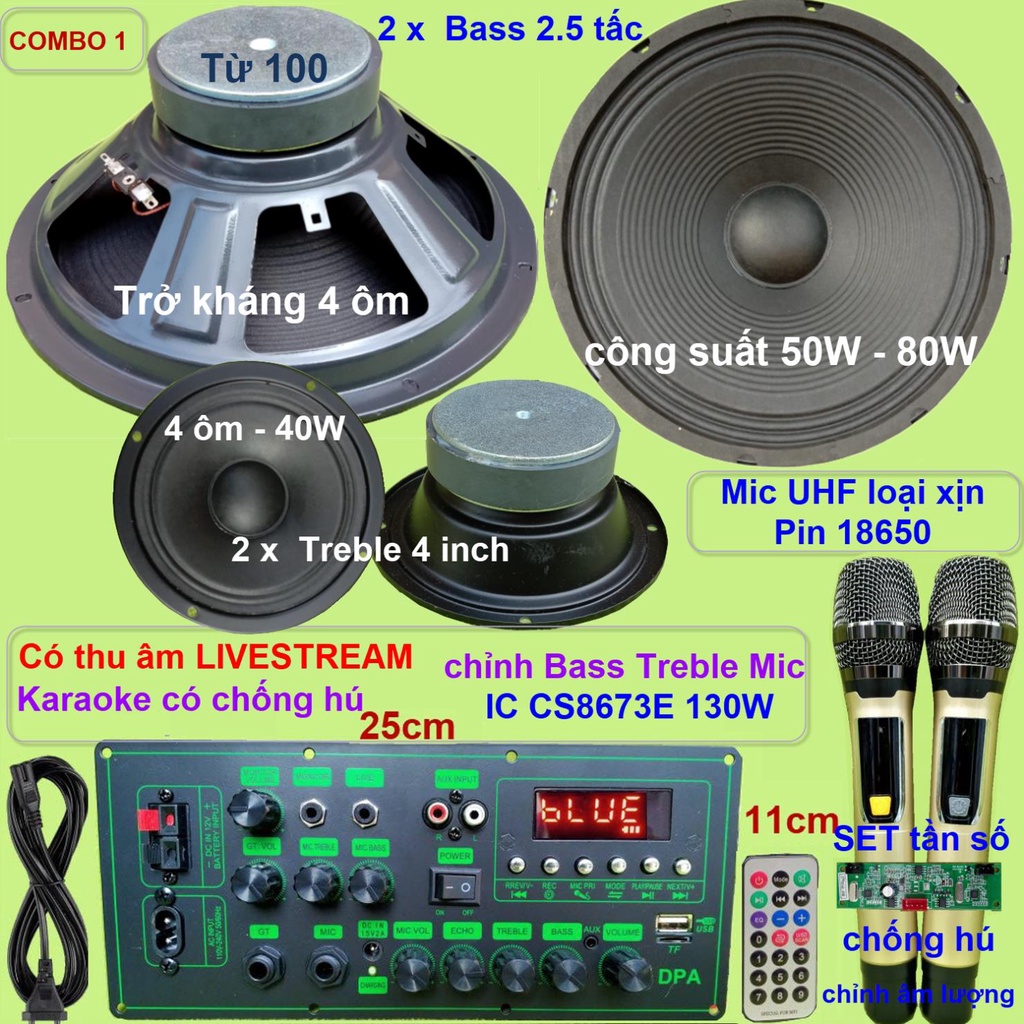 Combo loa kéo 2.5 tấc đôi CS8673E 130W Thu âm Livestream Karaoke chống hú chỉnh Bass Treble Mic nguồn xung 220V