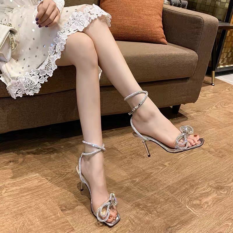 [Ảnh thật] Sandal nơ đá gót nhọn 7p hot 2021. Giày cao gót Mika thời trang Hàn Quốc. Dép đế nhọn ôm chân cá tính