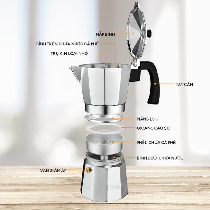 Bình pha cà phê Moka Pot 6 tách 300ml bằng Nhôm cao cấp - Bình pha cà phê kiểu Ý