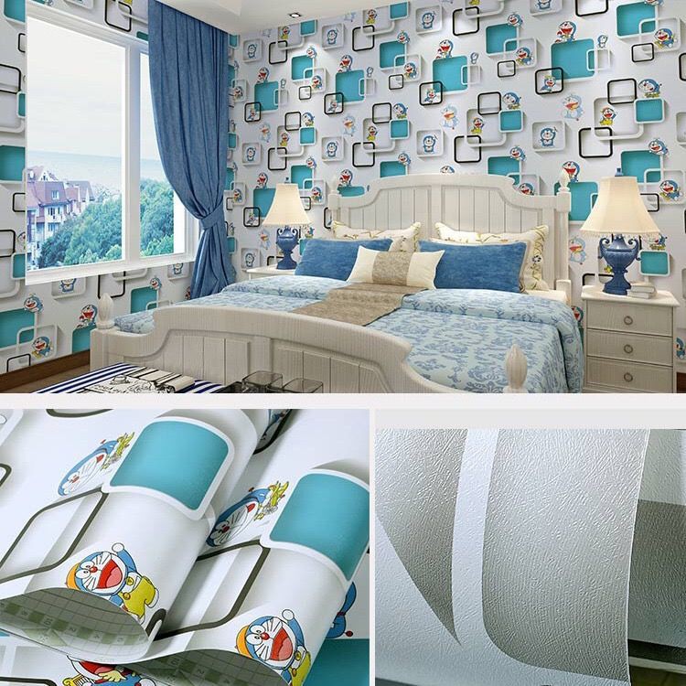 Giấy dán tường Doremon ô vuông xanh có keo sẵn khổ 45cm (giá 1m dài), giấy decal dán tường Doremon phòng ngủ cho bé | BigBuy360 - bigbuy360.vn