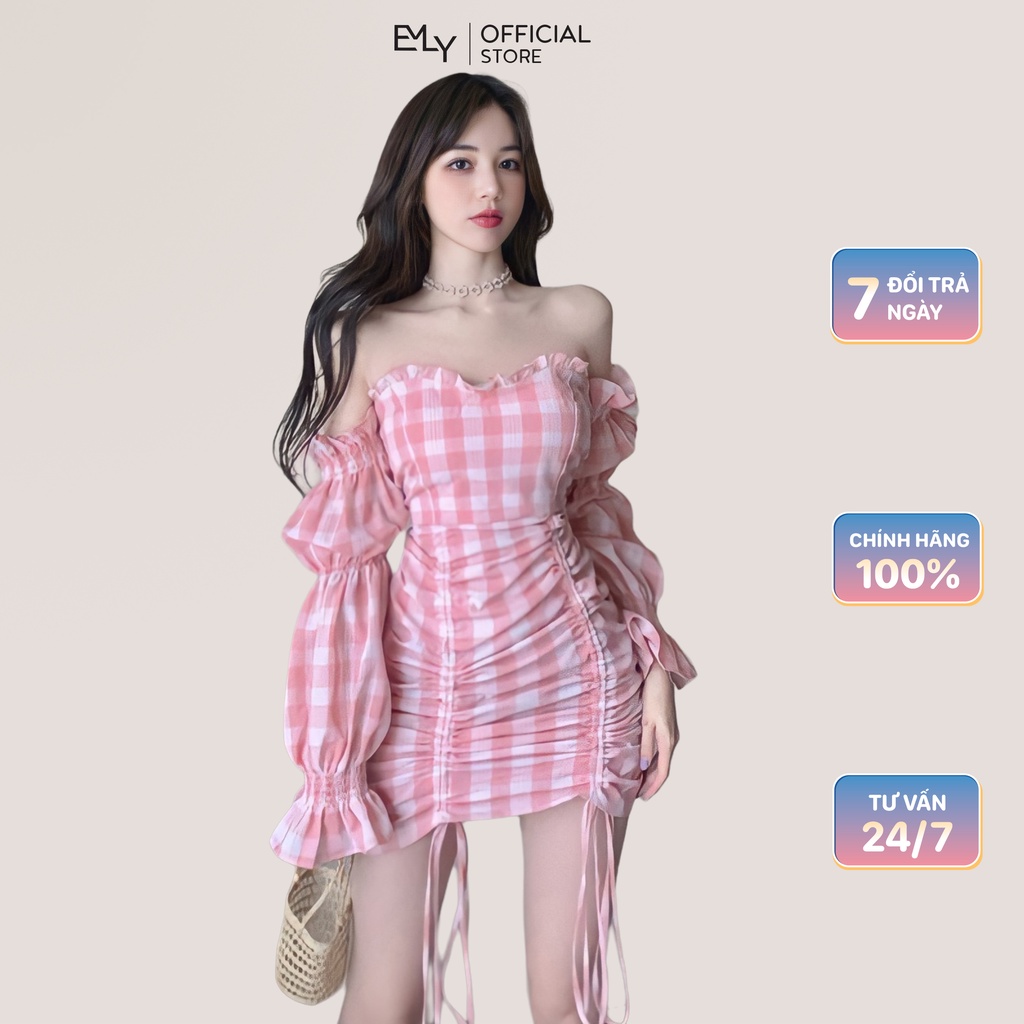 Đầm nữ dáng ôm caro trễ vai mini Emilyshop