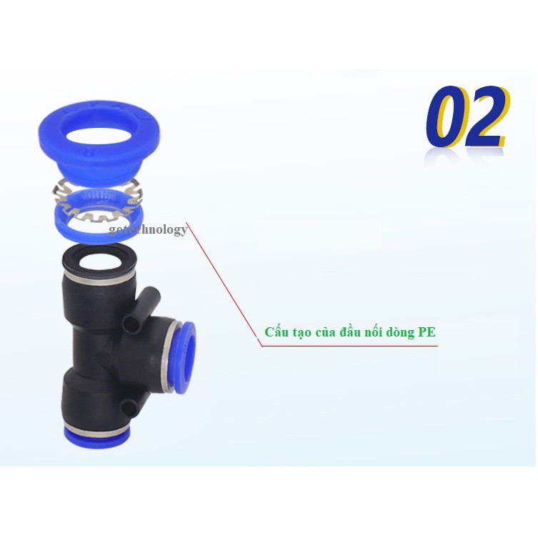 ĐẦU NỐI NHANH CHỮ T, ĐẦU NỐI KHÍ NÉN CHỮ T PE-4 PE-6 PE-8 PE-10 PE-12 PE-14 PE-16