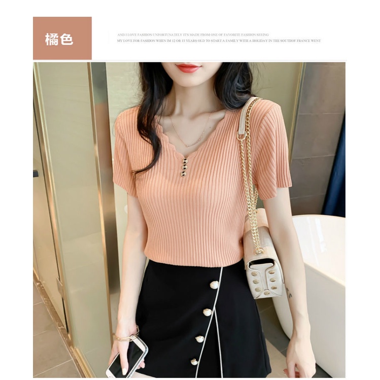 Áo Thun Tay Ngắn Cổ Chữ v Dáng Rộng Phối Hàng Nút Vải Lụa Lạnh Mẫu Mới 2021 Thời Trang Cho Nữ