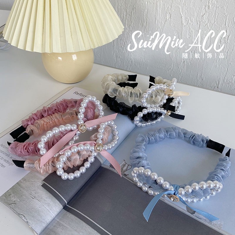 Băng Đô Nơ Lưới Đính Ngọc Trai Xinh Xắn Hàng Mới