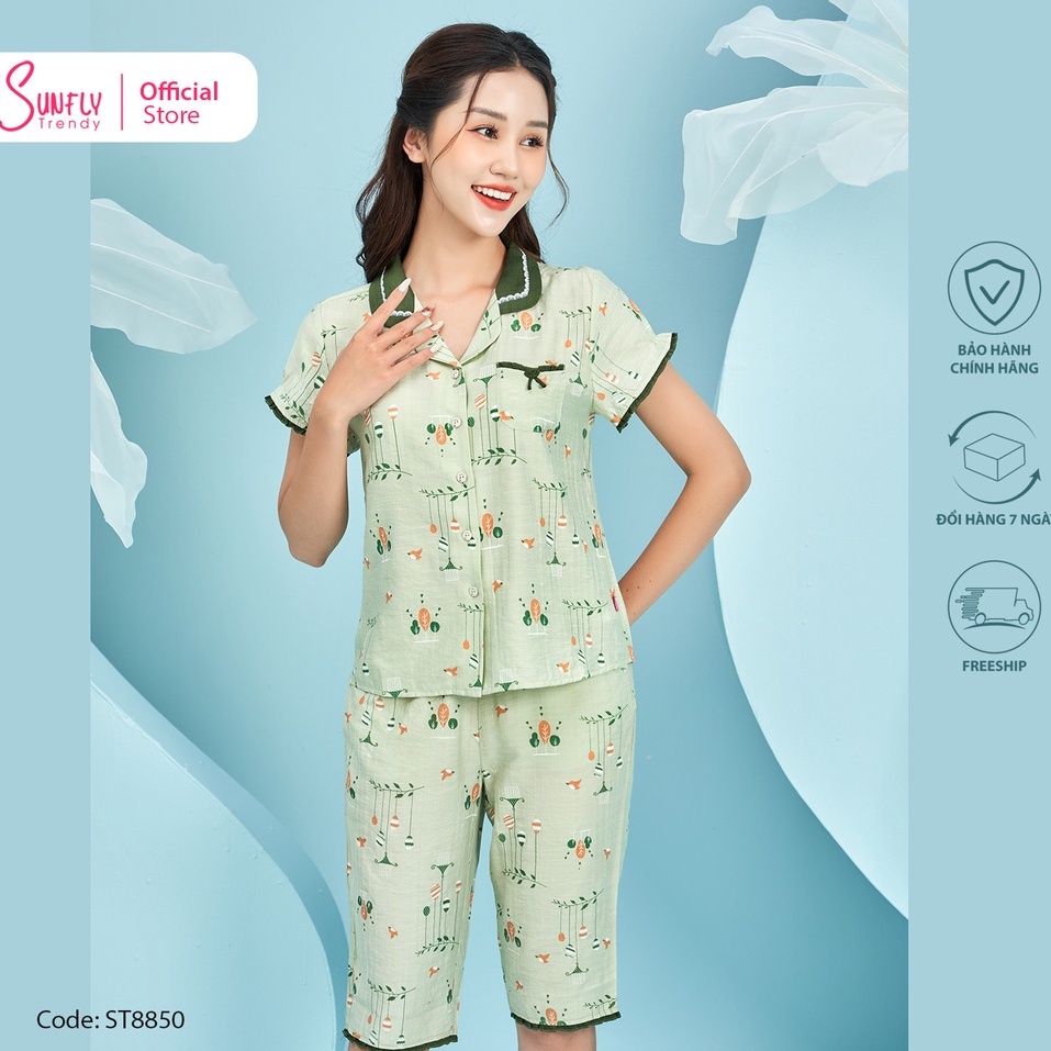 Bộ đồ mặc nhà nữ pijamas linen SUNFLY áo cộc, quần ngố ST8850
