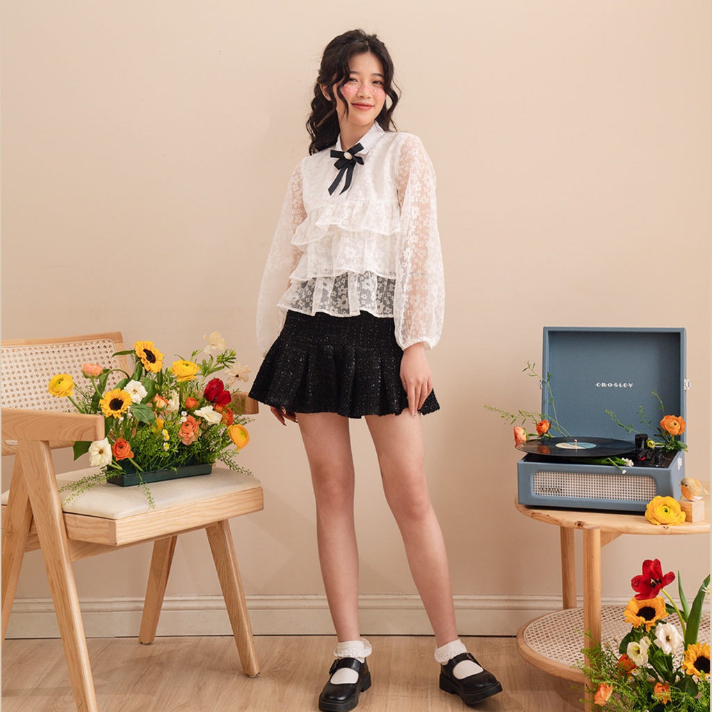 [Tặng kèm nơ cài] BLEUBIRD Áo voan organza in hoa rúm bèo tầng Yuri Shirt