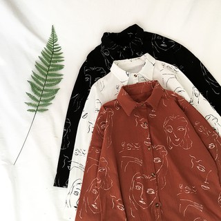 áo sơ mi ulzzang sơ mi nữ trắng đen đỏ áo kiểu dáng Hàn Quốc hình mặt người cá tính