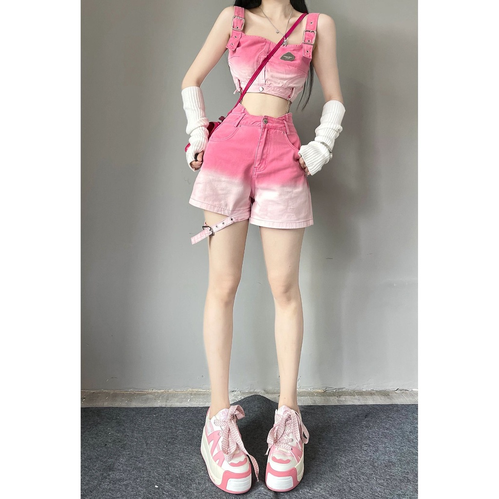 Set Áo Không Tay Dáng Ngắn Màu Gradient Phối Quần Dài Denim Lưng Cao Thời Trang Mùa Hè Cá Tính Cho Nữ