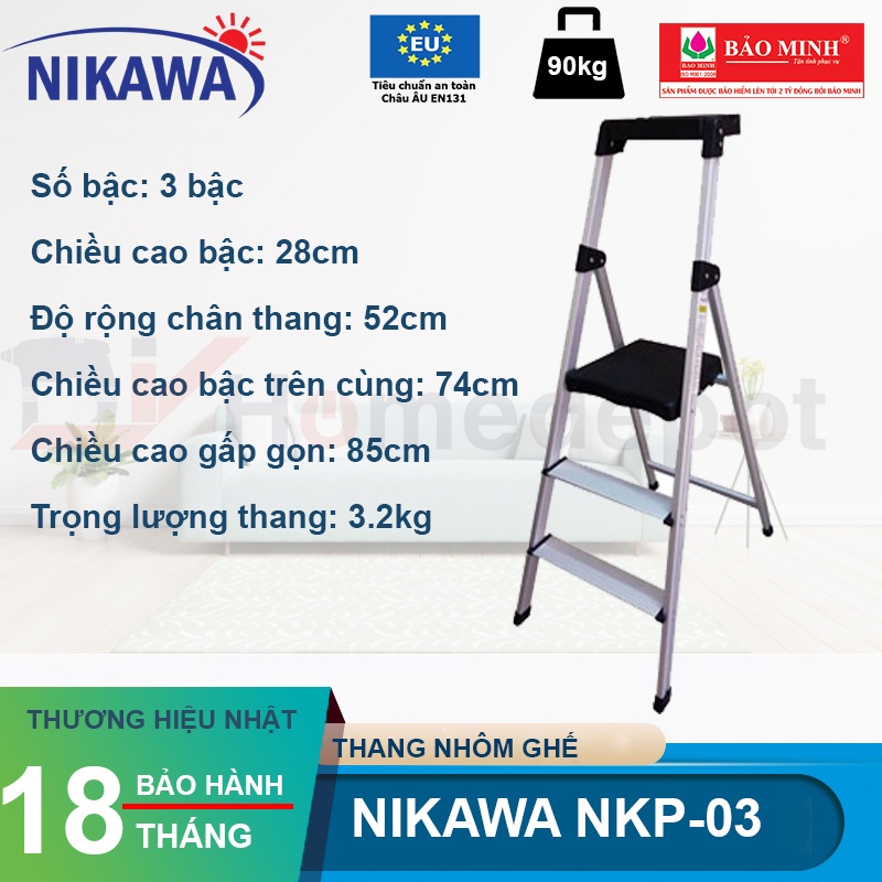 Thang nhôm, thang ghế Nikawa NKP-03, 3 bậc, nhập khẩu Nhật Bản, bảo hành chính hãng 18 tháng