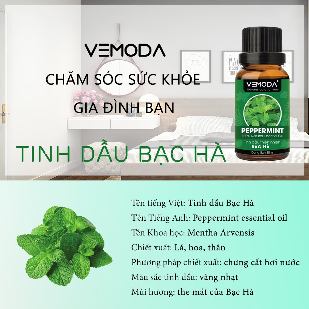 Tinh dầu Bạc hà cao cấp Vemoda 50ml kháng khuẩn, khử mùi, tinh dầu xông phòng, thơm phòng, thư giãn, tập trung