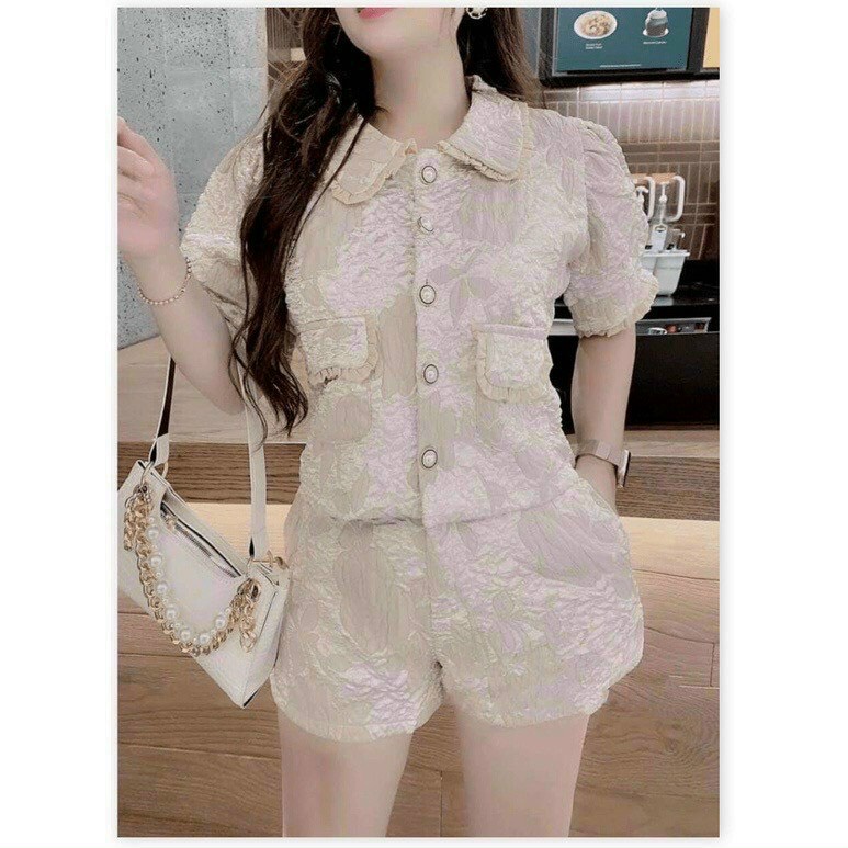 Sét bộ thời trang nữ mặc đi chơi, Sét bộ gấm áo tay ngắn cổ bèo túi giả nút mix quần đùi cao cấp như hình 100%