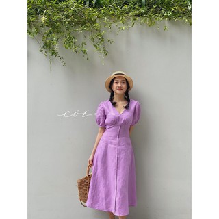 Đầm linen cổ tim tay phồng Cói Design