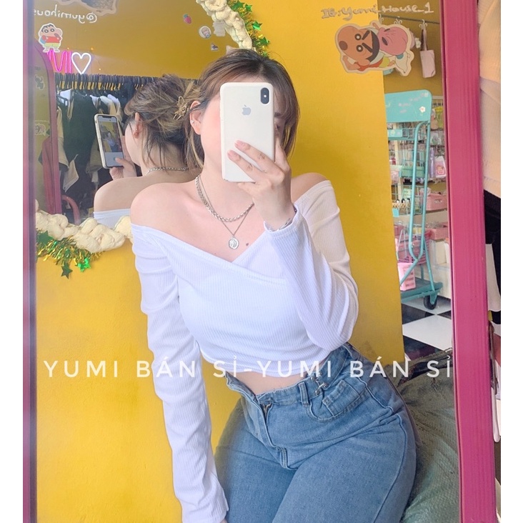 Áo Croptop Tay Dài Đắp Chéo Chất Thun Gân Kiểu Mới YUMI BÁN SỈ Áo Dài Tay Trễ Vai Đắp Chéo Siêu Hot 2022