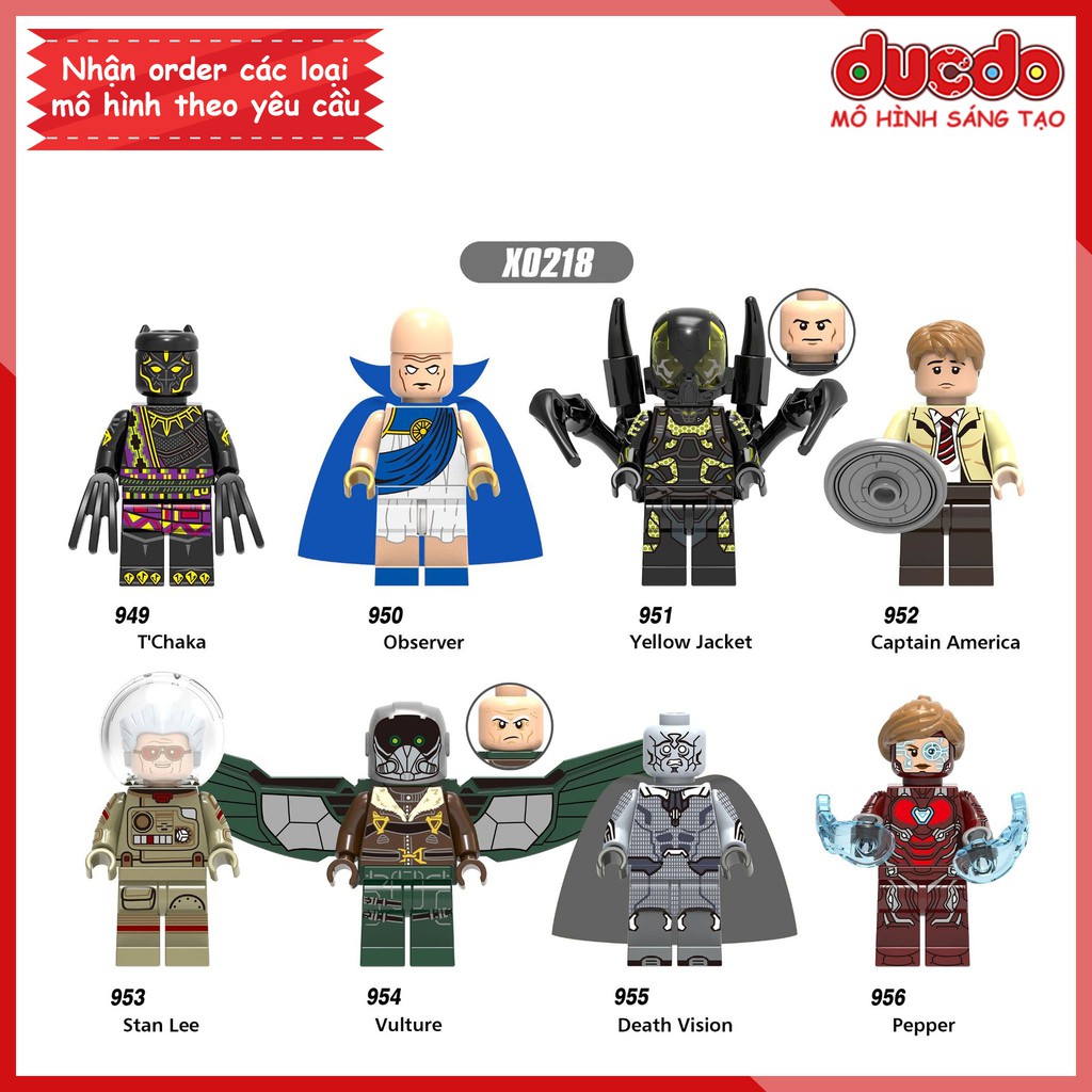 Minifigures T'Chaka, Observer, Jacket, Captain, Lee, Vulture, Vision, Pepper - Đồ chơi Lắp ghép Mini Iron Man XINH 0218