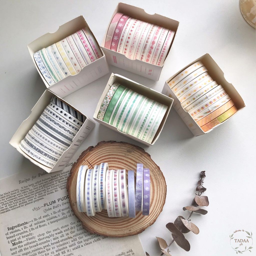 Set 10 washi tape họa tiết hoa lá vintage băng keo giấy nhiều màu sắc